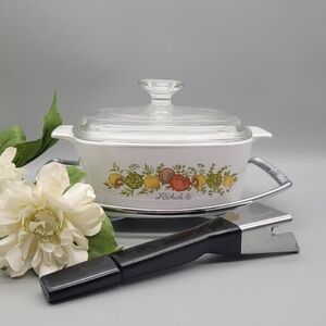 Vintage Corning Ware Spice of Life Casserole Dish: 1.5 Quart with Cradle